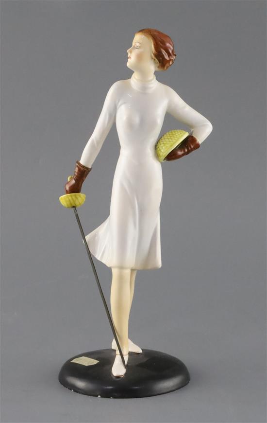 A rare Goebel Art Deco pottery figure of female fencer, H. 26.5cm